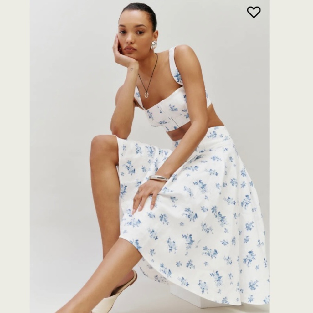 Reformation White and Light Blue Floral Two-Piece Skirt Set